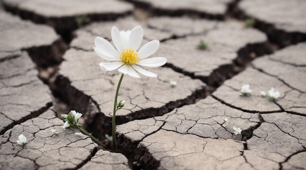 Mały biały kwiat przebił się przez suchą, pękniętą ziemię.