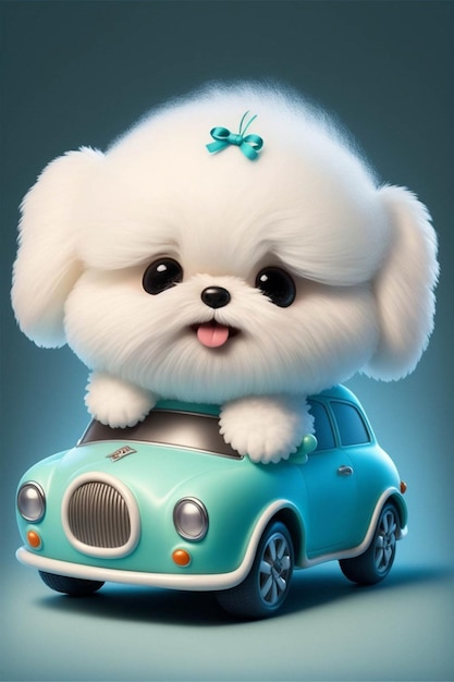 Mały biały pies siedzi na niebieskim samochodowym generatywnym ai