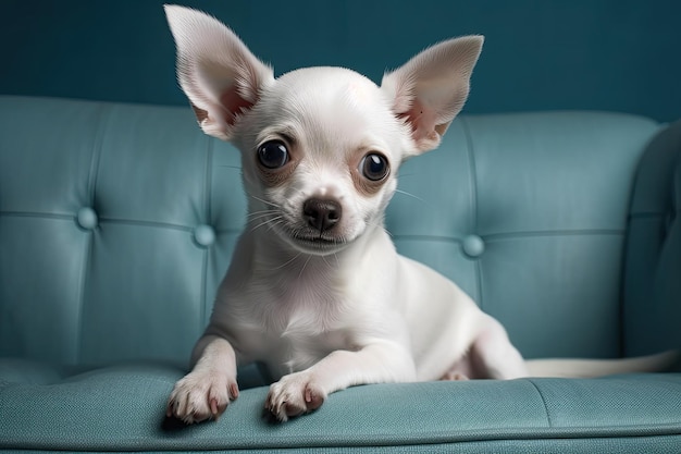 Mały biały piesek pozuje do zdjęć, siedząc na niebieskiej psiej kanapie Generative AI