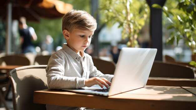 Mały biznesmen pracujący na laptopie.