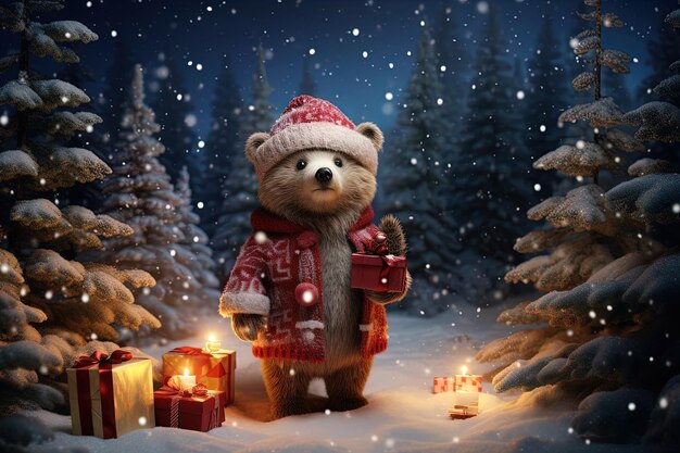 Zdjęcie mały brązowy niedźwiedź z świątecznym prezentem pod pokrytą śniegiem ilustracją