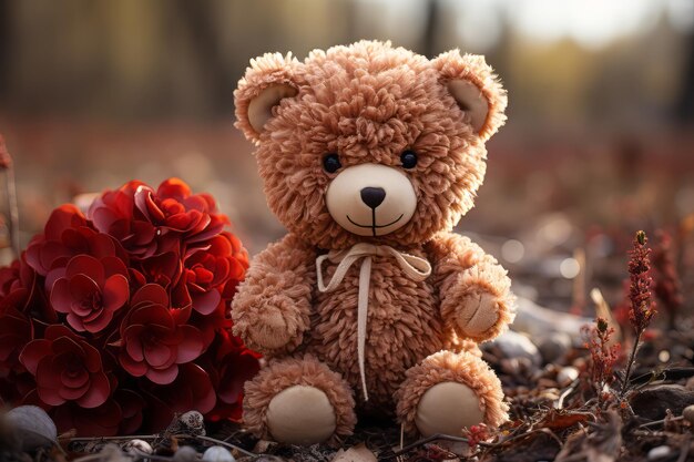 Zdjęcie mały brązowy pluszowy niedźwiedź w romantycznej pozycji