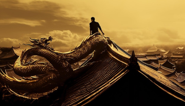 Zdjęcie mały chiński smok noszący złotą flagę smoka wykonywał zadania na złotym dachu.