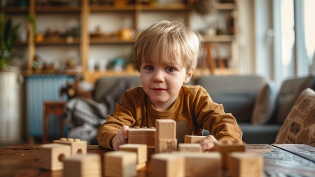 Zdjęcie mały chłopiec bawi się drewnianymi blokami na stole w swoim domu