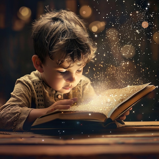 Mały chłopiec czyta książkę magiczną.