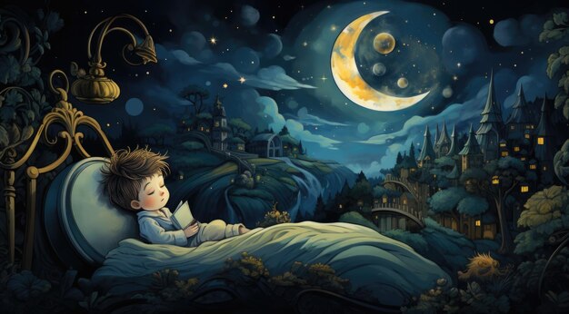 Mały chłopiec czyta książkę w łóżku w nocy.