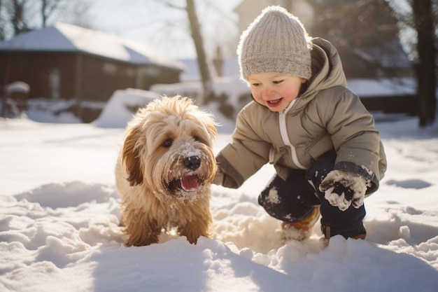 mały chłopiec i pies szczęśliwie bawią się w zimowe zabawy na śniegu