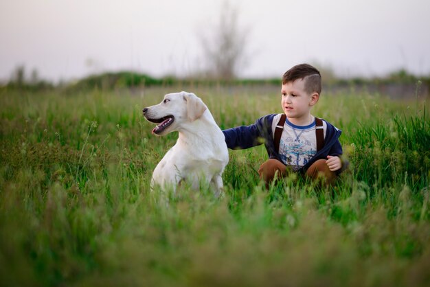 Mały chłopiec i urocza psina na letnim spacerze w polu