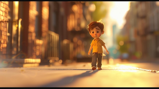 Mały chłopiec idący sam na chodniku w mieście