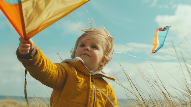 Mały chłopiec lata latawcem na polu, ma na sobie żółtą kurtkę i patrzy na niebo, latawiec jest żółty, czerwony i niebieski.
