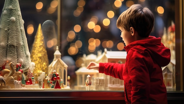 Mały chłopiec patrzący na dekoracje świąteczne w oknie sklepu