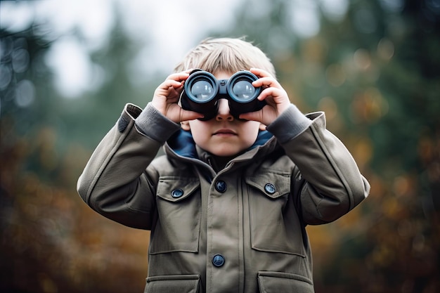 Zdjęcie mały chłopiec patrzący przez lornetkę w parku dziecko badające naturę