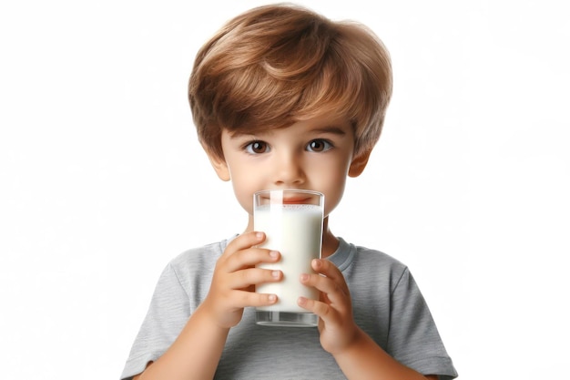 mały chłopiec pije mleko na białym tle ai generatywny