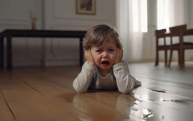 Zdjęcie mały chłopiec płacze na podłodze.