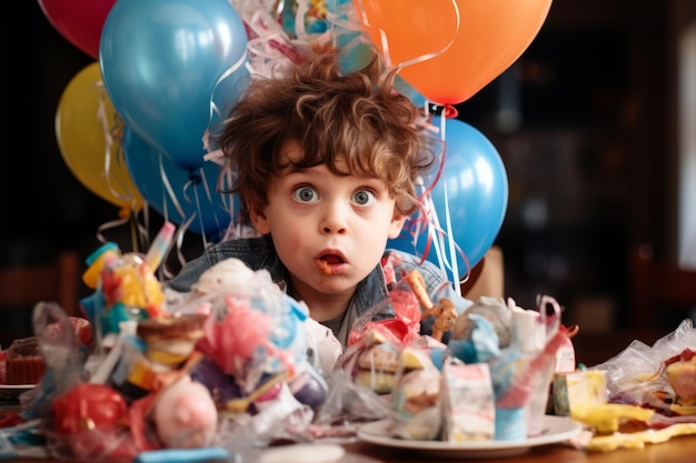 Zdjęcie mały chłopiec pokryty ciastem i cukierkami z zaskoczonym wyrazem twarzy.