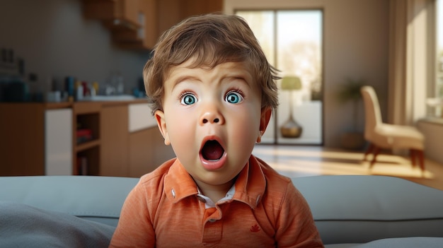 Mały chłopiec przerażony i zdumiony niespodzianką twarzą niewiary stworzoną za pomocą technologii Generative Al