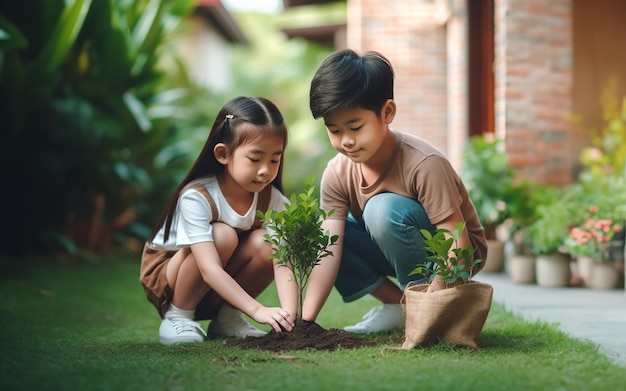 Mały chłopiec sadzi drzewo na podwórku Dwóch braci pomaga sobie w sadzeniu drzew Dzieci