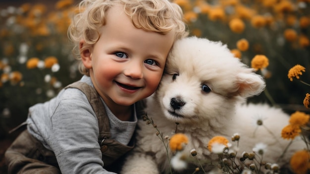 Mały chłopiec siedzący na polu kwiatów z małym jagnięciem przytulonym obok niego