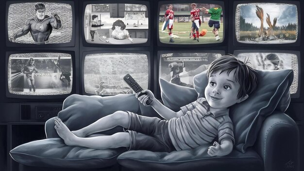 Mały chłopiec siedzi na kanapie i zmienia kanały telewizyjne.