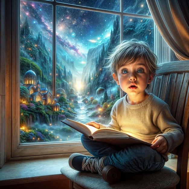 Mały chłopiec siedzi na parapecie i czyta książkę.
