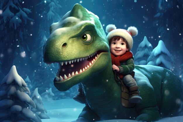 Mały chłopiec siedzi zimą na zielonym dinozaurze na ulicy pod śniegiem