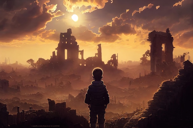 Mały chłopiec stoi i patrzy na ruiny miasta zrujnowanych budynków pod niebem z chmurami i promieniami słonecznymi 3d ilustracją