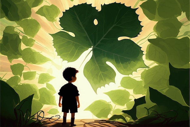 Mały chłopiec stojący na masywnych liściach wygrzewających się w słońcu Koncepcja fantasy Malarstwo ilustracyjne Generatywna sztuczna inteligencja