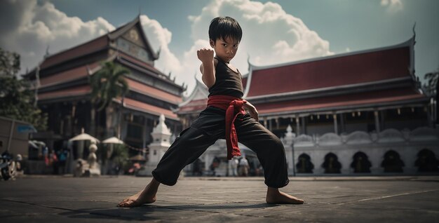 Mały chłopiec trenuje Liu Kang