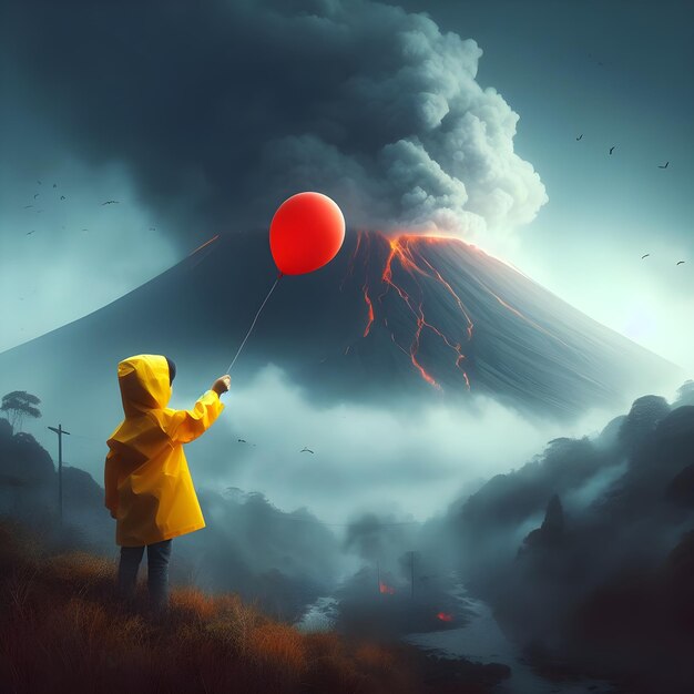 Mały chłopiec trzymający czerwony balon przed wybuchającym wulkanem generatywnym Ai
