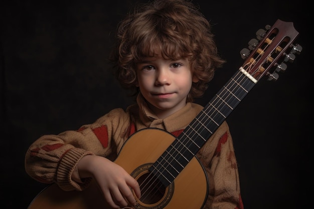 Mały chłopiec trzymający gitarę stworzony za pomocą generatywnej ai