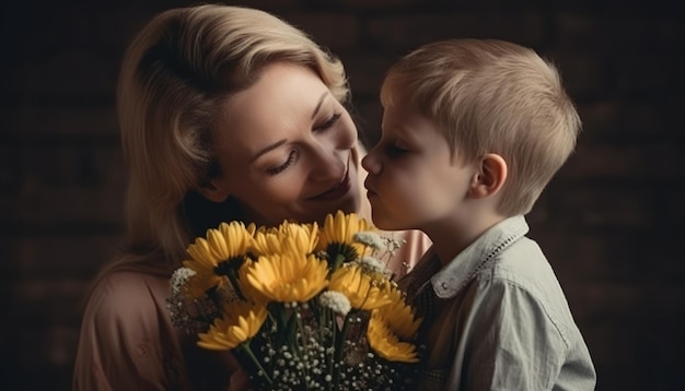 Mały chłopiec trzymający kwiaty przytulający matkę i świętujący dzień matki Generacyjna sztuczna inteligencja