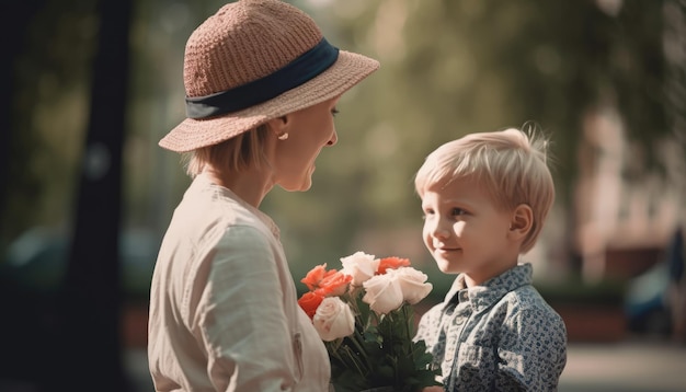 Mały chłopiec trzymający kwiaty przytulający matkę i świętujący dzień matki Generacyjna sztuczna inteligencja