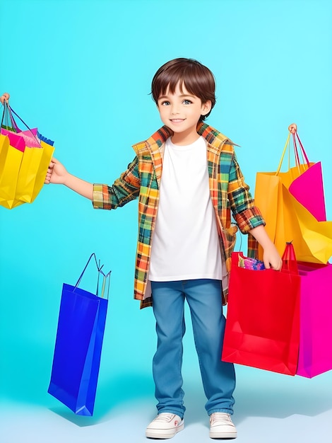 Mały chłopiec trzymający torby na zakupy na kolorowym tle Zakupy w czarny piątek AI Generuj