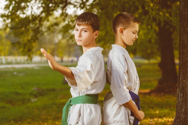 Mały Chłopiec W Białym Kimono Podczas Treningu ćwiczeń Karate W Lecie Na świeżym Powietrzu