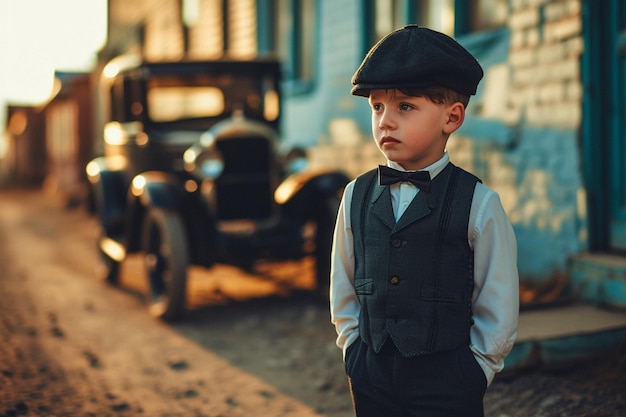 Mały chłopiec w garniturze z trzema kawałkami pozujący przed samochodem z lat trzydziestych
