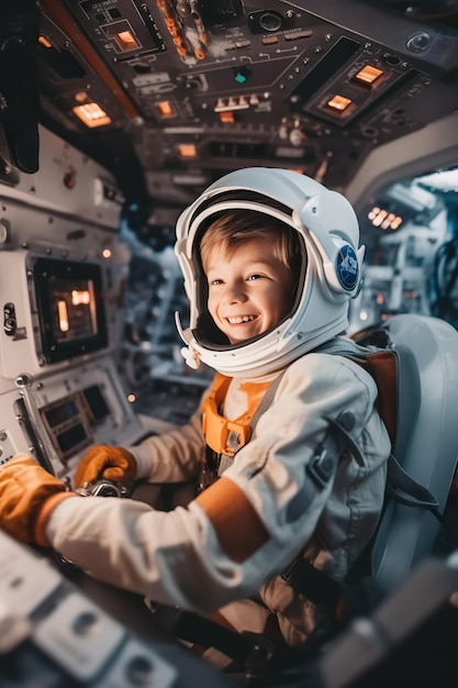 Mały chłopiec w skafandrze kosmicznym siedzi na generatywnym obrazie ai statku kosmicznego