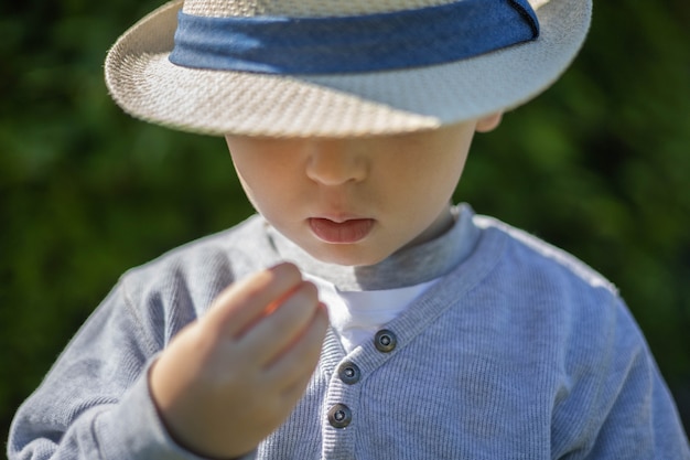 Zdjęcie mały chłopiec w stylowym słomkowym kapeluszu zbiera jagody wiciokrzewu