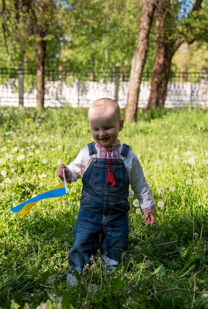 Mały chłopiec w ukraińskiej wyszywance w parku