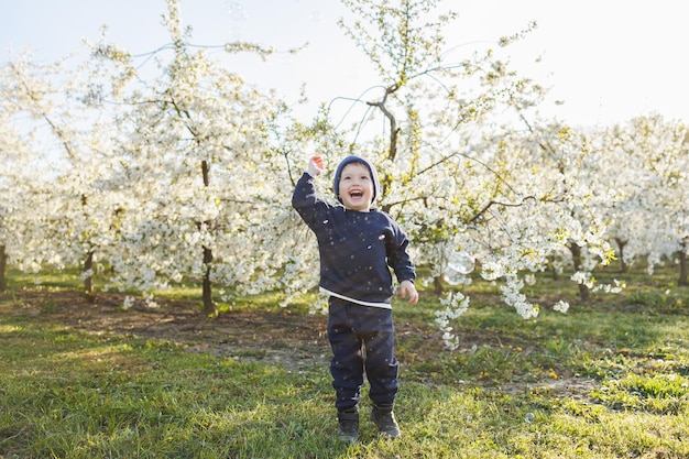 Mały chłopiec w wieku 3 lat w swetrze i czapce biegnie przez kwitnący ogród Ubranka dla dzieci w wieku 3 lat Szczęśliwe eotańskie dziecko jest białe wśród kwitnących jabłoni