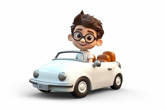 mały chłopiec wsiada do samochodu w stylu kreskówki 3d