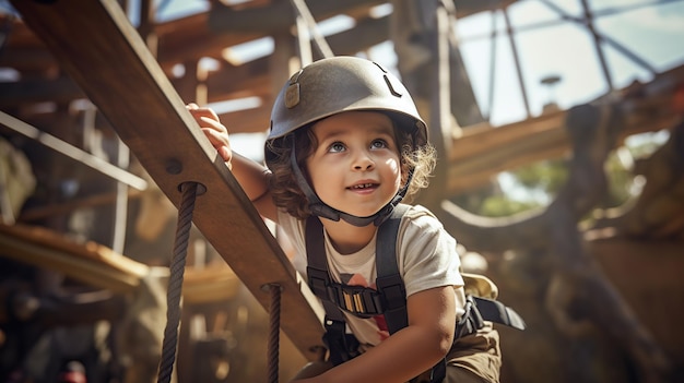 Mały chłopiec wspinający się w parku rozrywki z kaskiem i sprzętem ochronnym Zdjęcie przedstawiające aktywność małego chłopca