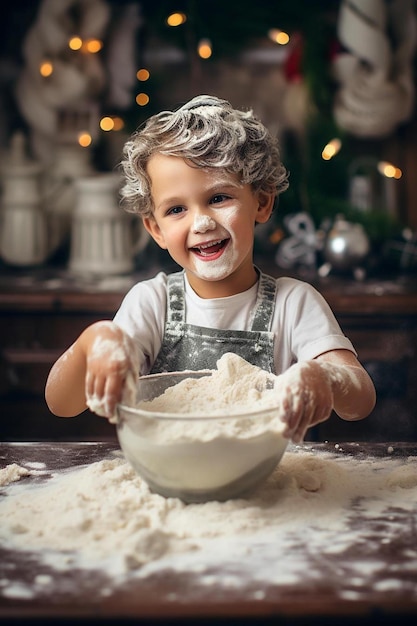 Zdjęcie mały chłopiec z blond włosami przed miską mąki