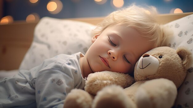 Zdjęcie mały chłopiec z blond włosami śpi na łóżku z miękkim niedźwiedziem w ramionach słodki sen dziecka