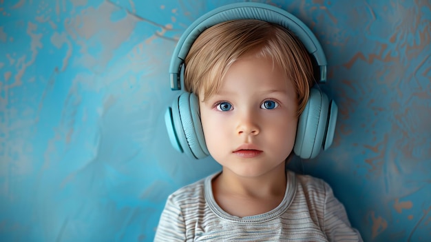 Mały chłopiec z dużymi niebieskimi słuchawkami na pastelowo niebieskim tle