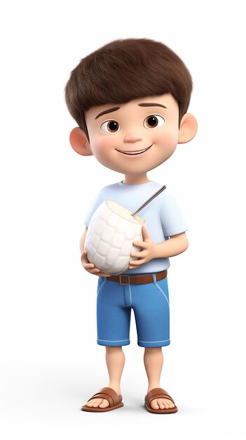 Mały chłopiec z kreskówki 3D siedzi i pije koktajl kokosowy