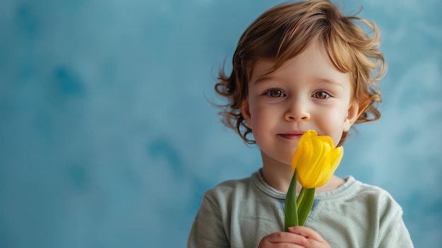 Mały chłopiec z kwiatem tulipanów w rękach na pastelowo-niebieskim tle