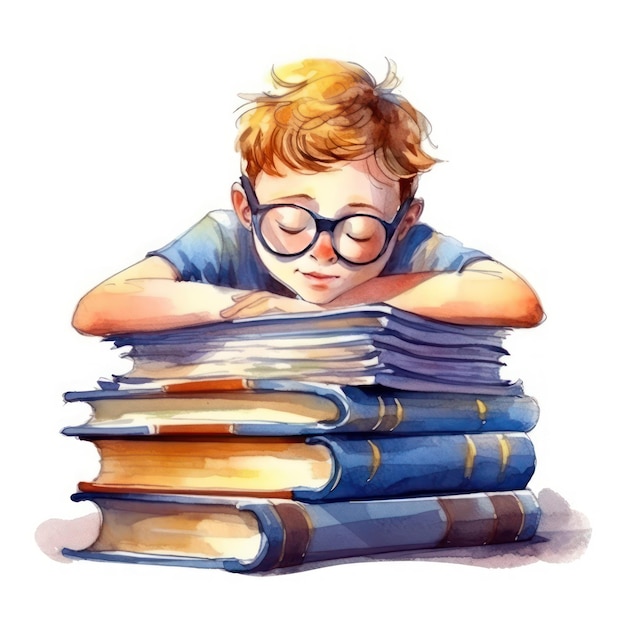 Mały chłopiec z okularami śpi na stosie książek.
