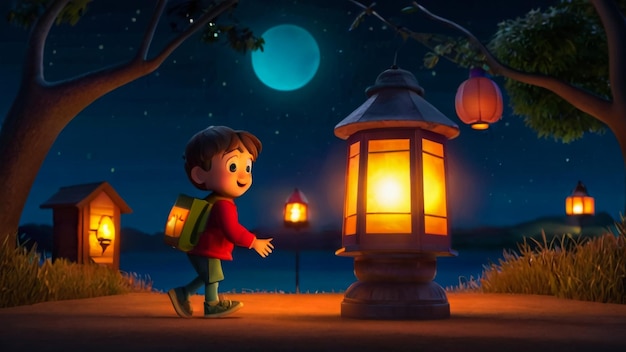 Mały chłopiec z plecakiem przechodzi obok latarni, która mówi, że noc jest pełna gwiazd.