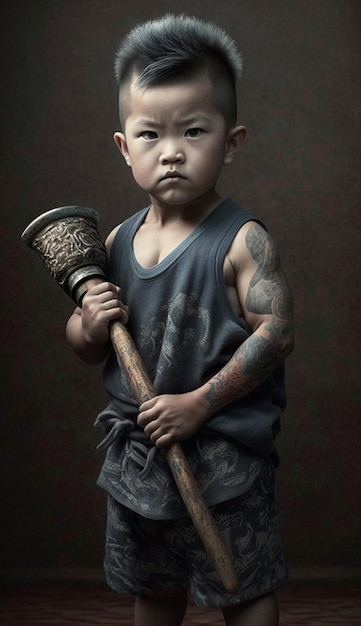 Mały chłopiec z tatuażami na ramieniu