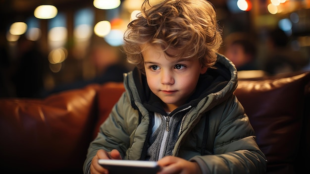 Mały chłopiec zanurzony w cyfrowym świecie korzysta z telefonu, siedząc na sofie